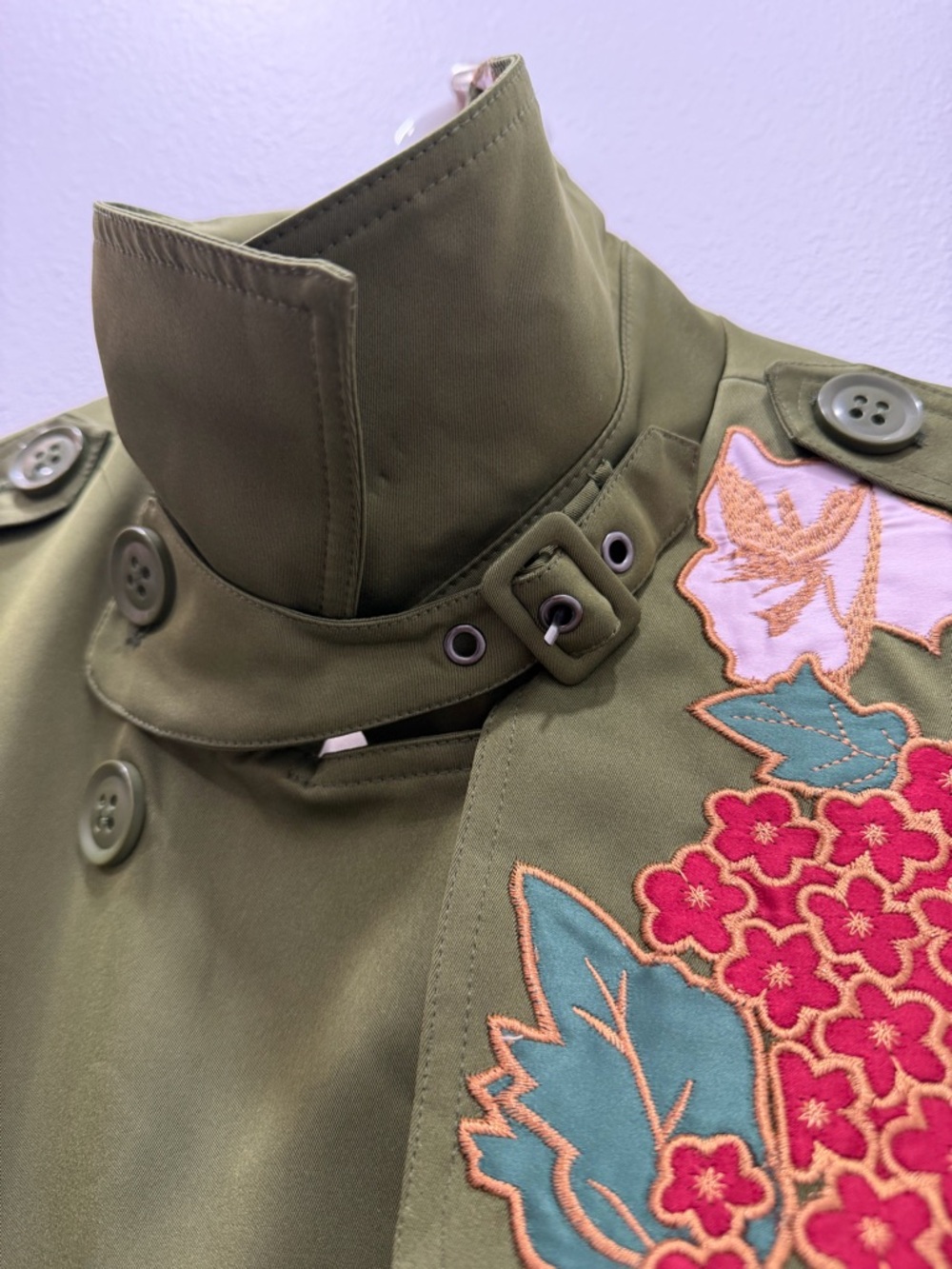 ONE OF A KIND — Iconic Floral Embroidered Olive Trench Coat | Size M - Picture 8 of 17